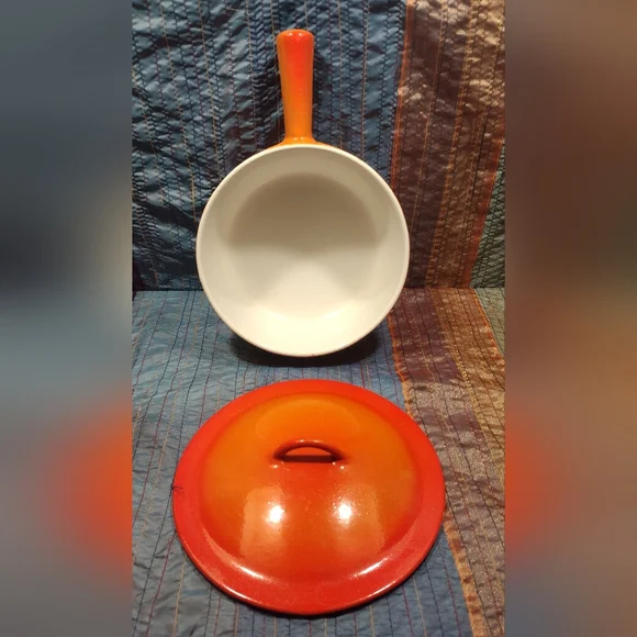Vintage Orange Enameled Cast Iron Sauce Pan With Lid - Picture 3 of 6